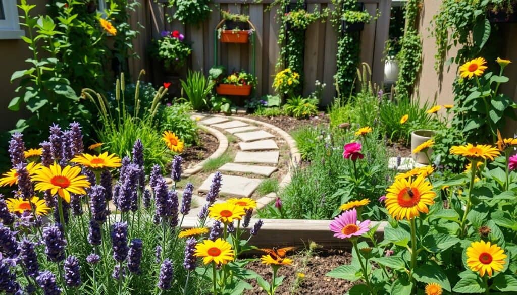 A vibrant, pollinator-friendly landscaping scene in a compact backyard designed for small spaces. In the foreground, a raised bed garden brimming with colorful flowering plants like lavender and sunflowers, attracting honeybees and butterflies. The middle ground features a small stone path winding through lush greenery, with vertical planters overflowing with herbs and native flowers. In the background, a quaint wooden fence with climbing vines creates a cozy atmosphere. Bright natural light bathes the scene in soft sunlight, highlighting the intricate details of the plants and their pollinators. The overall mood is cheerful and inviting, evoking a sense of harmony with nature and the joy of gardening in a small backyard. A vibrant, pollinator-friendly landscaping scene in a compact backyard designed for small spaces. In the foreground, a raised bed garden brimming with colorful flowering plants like lavender and sunflowers, attracting honeybees and butterflies. The middle ground features a small stone path winding through lush greenery, with vertical planters overflowing with herbs and native flowers. In the background, a quaint wooden fence with climbing vines creates a cozy atmosphere. Bright natural light bathes the scene in soft sunlight, highlighting the intricate details of the plants and their pollinators. The overall mood is cheerful and inviting, evoking a sense of harmony with nature and the joy of gardening in a small backyard.