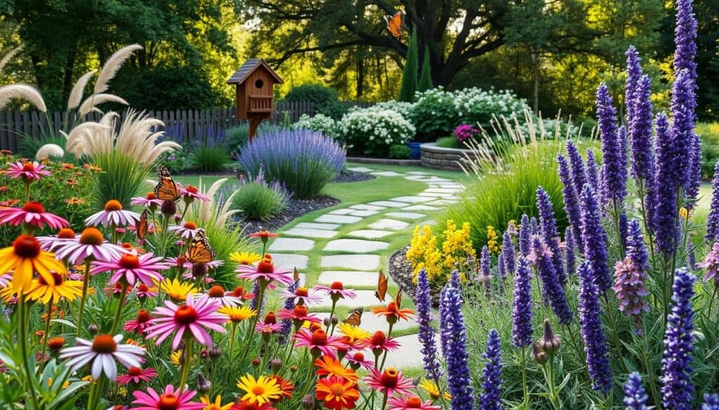 A vibrant pollinator garden design, showcasing a variety of flowering plants that attract butterflies and birds, organized in a lush backyard setting. In the foreground, colorful blooms of coneflowers, asters, and lavender create a lively tapestry, while butterflies flit among them. The middle ground features a meandering stone pathway bordered by ornamental grasses and flowering shrubs, inviting exploration. In the background, a wooden birdhouse and a gentle water feature add charm, under the soft, dappled sunlight filtering through leafy trees. Capture the scene from a slightly elevated angle to show the layered composition, evoking a serene and inviting atmosphere, perfect for fostering wildlife.
