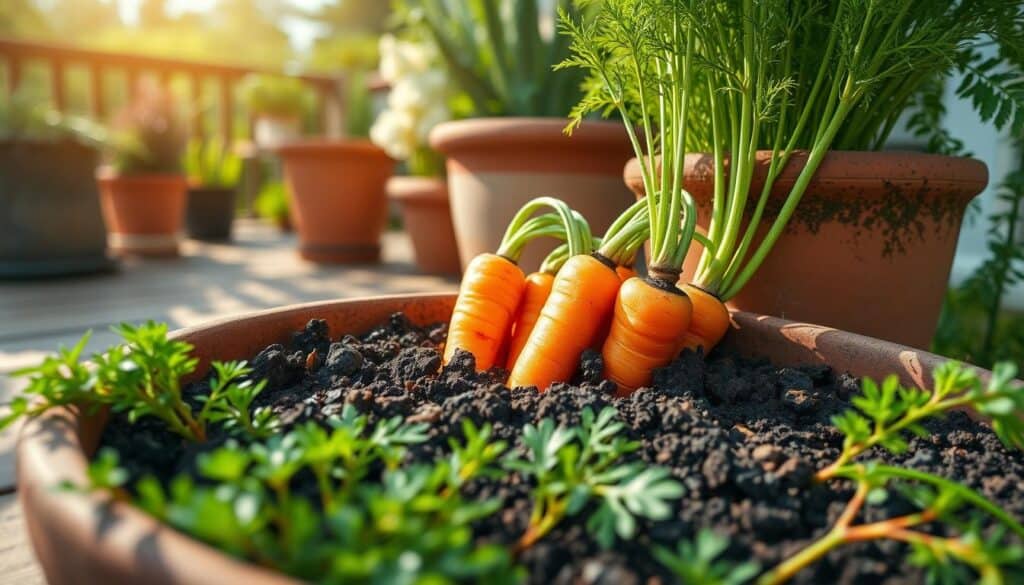 A vibrant potted carrot growing in a deep container, with lush green foliage sprouting above rich, dark soil. The foreground features the vivid orange carrots partially visible beneath the surface, showcasing their textured skin. In the middle, the container is made of rustic clay, adorned with natural wear and a hint of moss, emphasizing a homey, organic feel. The background showcases a sunny patio with wooden decking, dappled with soft sunlight filtering through nearby plants, creating a warm and inviting atmosphere. The overall mood is cheerful and nurturing, perfect for aspiring gardeners. The image is captured at a shallow depth of field, focusing on the carrots while softly blurring the background. A vibrant potted carrot growing in a deep container, with lush green foliage sprouting above rich, dark soil. The foreground features the vivid orange carrots partially visible beneath the surface, showcasing their textured skin. In the middle, the container is made of rustic clay, adorned with natural wear and a hint of moss, emphasizing a homey, organic feel. The background showcases a sunny patio with wooden decking, dappled with soft sunlight filtering through nearby plants, creating a warm and inviting atmosphere. The overall mood is cheerful and nurturing, perfect for aspiring gardeners. The image is captured at a shallow depth of field, focusing on the carrots while softly blurring the background.