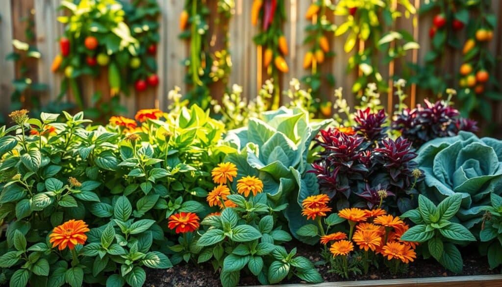A vibrant raised bed garden brimming with diverse companion plants, showcasing a harmonious blend of leafy greens, colorful flowers, and aromatic herbs. In the foreground, lush basil and vibrant marigolds contrast with sturdy tomato plants, while in the middle, a variety of colorful peppers and robust kale create a lush tapestry of greenery. The background features a softly blurred wooden fence adorned with climbing tendrils of beans and vertical gardening structures. Sunlight filters through the leaves, casting a warm glow and creating delightful shadows across the soil. The atmosphere is lively and nurturing, evoking a sense of abundance and growth, designed to inspire beginners in their gardening journey. A vibrant raised bed garden brimming with diverse companion plants, showcasing a harmonious blend of leafy greens, colorful flowers, and aromatic herbs. In the foreground, lush basil and vibrant marigolds contrast with sturdy tomato plants, while in the middle, a variety of colorful peppers and robust kale create a lush tapestry of greenery. The background features a softly blurred wooden fence adorned with climbing tendrils of beans and vertical gardening structures. Sunlight filters through the leaves, casting a warm glow and creating delightful shadows across the soil. The atmosphere is lively and nurturing, evoking a sense of abundance and growth, designed to inspire beginners in their gardening journey.