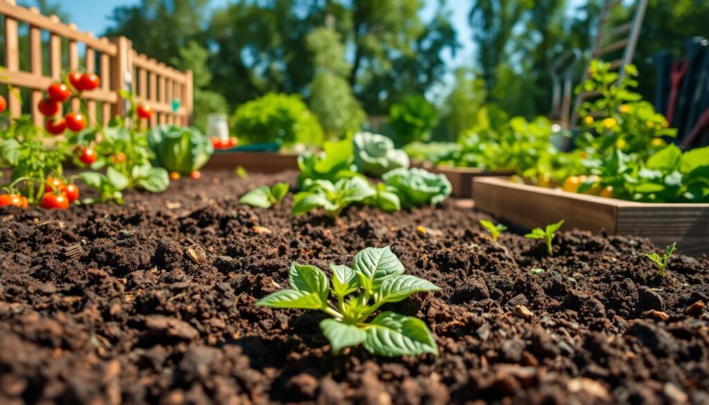 A vibrant raised bed garden brimming with various vegetables and herbs, emphasizing the importance of soil health. In the foreground, detailed close-ups of rich, dark soil mixed with compost and organic matter, revealing texture and moisture. The middle ground features raised wooden beds, well-constructed and filled with flourishing plants like tomatoes, peppers, and kale, basking in bright natural light. In the background, a clear blue sky and garden tools neatly arranged enhance the scene, creating an inviting atmosphere. The soft sunlight creates gentle shadows, highlighting the thriving ecosystem of this garden space. The image is captured with a shallow depth of field for focus, evoking a sense of growth and productivity. A vibrant raised bed garden brimming with various vegetables and herbs, emphasizing the importance of soil health. In the foreground, detailed close-ups of rich, dark soil mixed with compost and organic matter, revealing texture and moisture. The middle ground features raised wooden beds, well-constructed and filled with flourishing plants like tomatoes, peppers, and kale, basking in bright natural light. In the background, a clear blue sky and garden tools neatly arranged enhance the scene, creating an inviting atmosphere. The soft sunlight creates gentle shadows, highlighting the thriving ecosystem of this garden space. The image is captured with a shallow depth of field for focus, evoking a sense of growth and productivity.