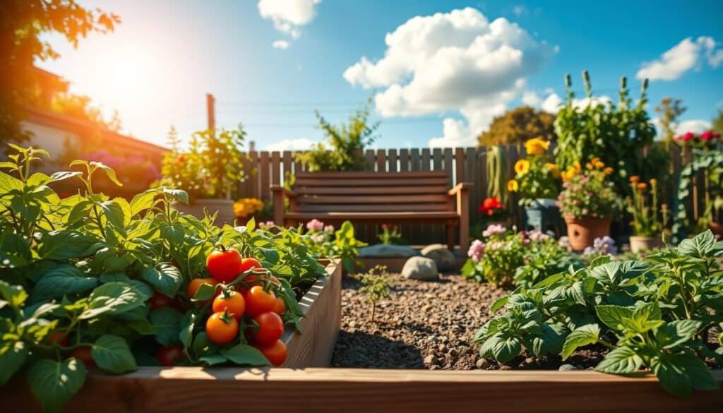 A vibrant raised bed garden filled with an array of colorful vegetables and herbs, set in a sunlit backyard. In the foreground, a wooden raised bed brimming with lush green plants like tomatoes, basil, and peppers. The middle section features a rustic wooden garden bench, surrounded by blooming flowers and decorative stones. In the background, a clear blue sky with soft white clouds filters warm, natural sunlight, creating an inviting and serene atmosphere. The scene conveys a sense of tranquility and abundance, highlighting the benefits of raised bed gardening. The composition is captured with a wide-angle lens, emphasizing depth and warmth, showcasing the beauty of gardening as a therapeutic and productive hobby.