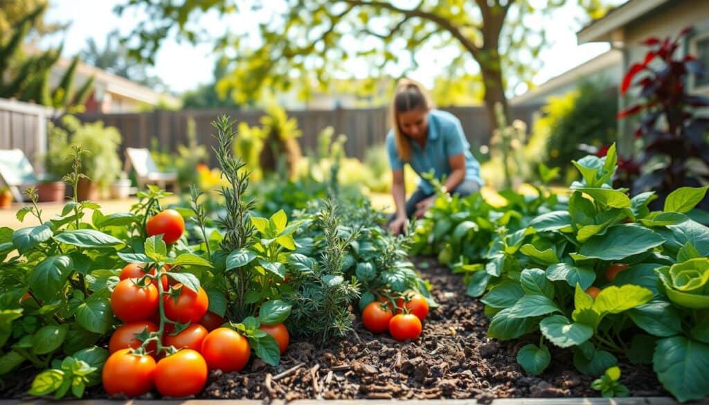 A vibrant raised bed garden filled with an array of companion herbs and vegetables. In the foreground, lush basil and fragrant rosemary intertwine next to bright red tomatoes and crisp green lettuce, showcasing the diversity and harmony of companion planting. In the middle ground, a gardener in modest casual clothing kneels, carefully tending to the plants, surrounded by rich soil and lush greenery. The background features a soft-focus of a sunny backyard, with a clear blue sky and gentle sunlight filtering through leafy branches above, casting dappled light on the vibrant colors of the herbs and vegetables. The atmosphere is warm and inviting, embodying the joy of gardening and the benefits of growing diverse plants together. A vibrant raised bed garden filled with an array of companion herbs and vegetables. In the foreground, lush basil and fragrant rosemary intertwine next to bright red tomatoes and crisp green lettuce, showcasing the diversity and harmony of companion planting. In the middle ground, a gardener in modest casual clothing kneels, carefully tending to the plants, surrounded by rich soil and lush greenery. The background features a soft-focus of a sunny backyard, with a clear blue sky and gentle sunlight filtering through leafy branches above, casting dappled light on the vibrant colors of the herbs and vegetables. The atmosphere is warm and inviting, embodying the joy of gardening and the benefits of growing diverse plants together.