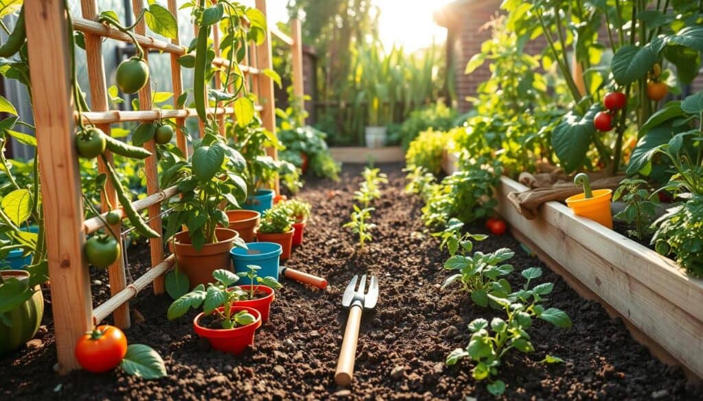 A vibrant raised bed garden filled with an array of vegetables and herbs, showcasing advanced gardening techniques for maximizing small space yields. In the foreground, a trellis made of natural wood supports climbing plants like peas and beans, while colorful pots of tomatoes and peppers are nestled around it. The middle ground features rich soil, freshly planted seedlings, and small garden tools scattered about. In the background, sunlight filters through lush greenery, illuminating the scene with soft, warm light. The angle captures the depth of the garden, emphasizing its compact design and innovative use of space, evoking a sense of productivity and abundance in an organized, inviting environment. A vibrant raised bed garden filled with an array of vegetables and herbs, showcasing advanced gardening techniques for maximizing small space yields. In the foreground, a trellis made of natural wood supports climbing plants like peas and beans, while colorful pots of tomatoes and peppers are nestled around it. The middle ground features rich soil, freshly planted seedlings, and small garden tools scattered about. In the background, sunlight filters through lush greenery, illuminating the scene with soft, warm light. The angle captures the depth of the garden, emphasizing its compact design and innovative use of space, evoking a sense of productivity and abundance in an organized, inviting environment.