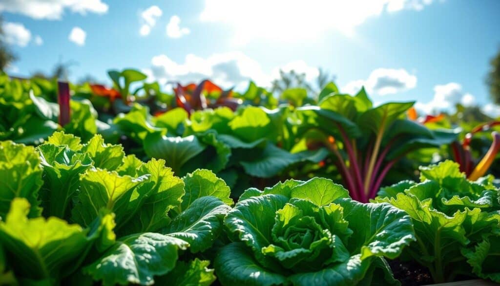 A vibrant raised bed garden filled with an assortment of easy-to-grow leafy greens. In the foreground, lush green kale and crisp romaine lettuce, their leaves glistening with morning dew. The middle ground showcases vibrant spinach with a rich, dark green hue, interspersed with colorful Swiss chard featuring bright red and yellow stems. In the background, a sunny blue sky filters soft sunlight through fluffy white clouds, casting gentle shadows across the garden. The scene captures a serene and inviting atmosphere, encouraging beginners to engage in gardening. The composition is framed as if taken with a wide-angle lens, highlighting the thriving plants with a depth of field that slightly blurs the background for an immersive effect.