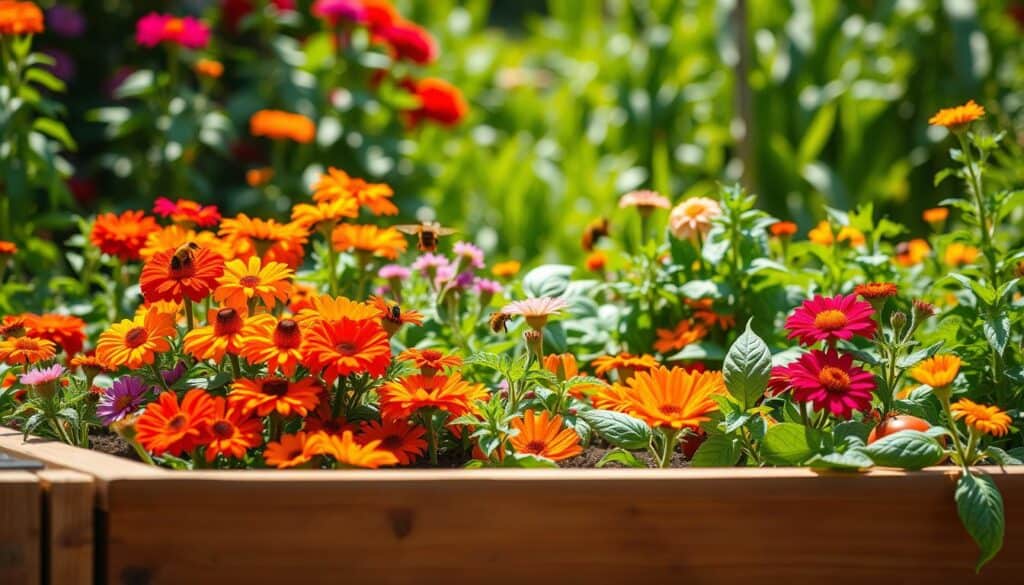 A vibrant raised bed garden filled with colorful companion flowers, such as marigolds, nasturtiums, and zinnias, artfully interspersed among green leafy vegetables like tomatoes and basil. In the foreground, bee and butterfly pollinators are busy gathering nectar from the flowers. The middle ground features the raised bed framed by rustic wooden boards, with rich brown soil visible. In the background, a soft-focus garden with lush greenery glimmers under bright natural light, seen at a slight upward angle to create depth. The atmosphere is cheerful and inviting, enveloped in soft sunlight, enhancing the colors of the blooms and the fresh greenery. The scene captures the essence of a healthy, well-tended garden, promoting harmony between flowers and vegetables. A vibrant raised bed garden filled with colorful companion flowers, such as marigolds, nasturtiums, and zinnias, artfully interspersed among green leafy vegetables like tomatoes and basil. In the foreground, bee and butterfly pollinators are busy gathering nectar from the flowers. The middle ground features the raised bed framed by rustic wooden boards, with rich brown soil visible. In the background, a soft-focus garden with lush greenery glimmers under bright natural light, seen at a slight upward angle to create depth. The atmosphere is cheerful and inviting, enveloped in soft sunlight, enhancing the colors of the blooms and the fresh greenery. The scene captures the essence of a healthy, well-tended garden, promoting harmony between flowers and vegetables.