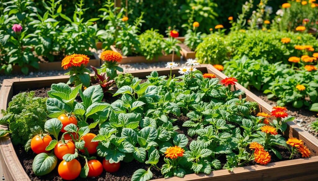 A vibrant raised bed garden layout featuring a variety of companion plants arranged for square foot gardening. In the foreground, a grid layout with squares filled with leafy greens, tomatoes, and marigolds, arranged to optimize growth and pest control. The middle ground shows lush, diverse plants with healthy green leaves and blooming flowers, illustrating the concept of companion planting. The background includes a sunny garden scene, with soft sunlight illuminating the space, casting gentle shadows. The atmosphere is bright and inviting, promoting a sense of tranquility and productivity. Capture this scene from a slightly elevated angle to provide a clear view of the strategic planting organization, emphasizing a harmonious and well-maintained garden. A vibrant raised bed garden layout featuring a variety of companion plants arranged for square foot gardening. In the foreground, a grid layout with squares filled with leafy greens, tomatoes, and marigolds, arranged to optimize growth and pest control. The middle ground shows lush, diverse plants with healthy green leaves and blooming flowers, illustrating the concept of companion planting. The background includes a sunny garden scene, with soft sunlight illuminating the space, casting gentle shadows. The atmosphere is bright and inviting, promoting a sense of tranquility and productivity. Capture this scene from a slightly elevated angle to provide a clear view of the strategic planting organization, emphasizing a harmonious and well-maintained garden.