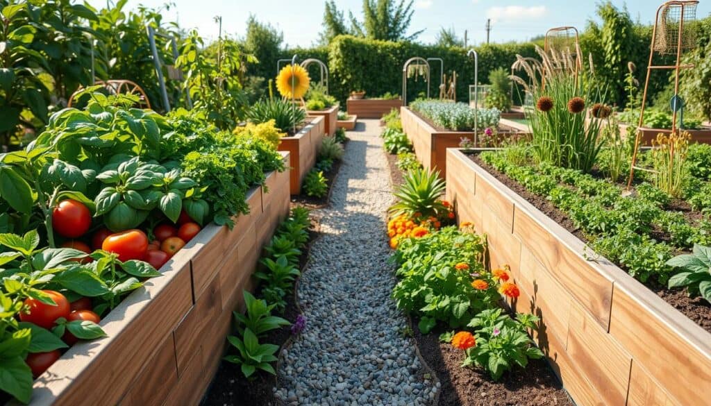 A vibrant raised bed garden layout showcasing various vegetable plants and herbs organized in an efficient design for maximizing space. In the foreground, highlight well-built wooden raised beds filled with lush greens, tomatoes, and colorful herbs such as basil and parsley. The middle ground features a gravel path winding through the garden, surrounded by low-growing flowers and edible plants. In the background, a sunny sky casts bright natural light over the scene, highlighting the textures of the plants and soil. Set the perspective from a slightly elevated angle to capture the overall layout, conveying an atmosphere of abundance and productivity. The setting should feel airy and inviting, emphasizing a harmonious blend of nature and careful planning in gardening. A vibrant raised bed garden layout showcasing various vegetable plants and herbs organized in an efficient design for maximizing space. In the foreground, highlight well-built wooden raised beds filled with lush greens, tomatoes, and colorful herbs such as basil and parsley. The middle ground features a gravel path winding through the garden, surrounded by low-growing flowers and edible plants. In the background, a sunny sky casts bright natural light over the scene, highlighting the textures of the plants and soil. Set the perspective from a slightly elevated angle to capture the overall layout, conveying an atmosphere of abundance and productivity. The setting should feel airy and inviting, emphasizing a harmonious blend of nature and careful planning in gardening.