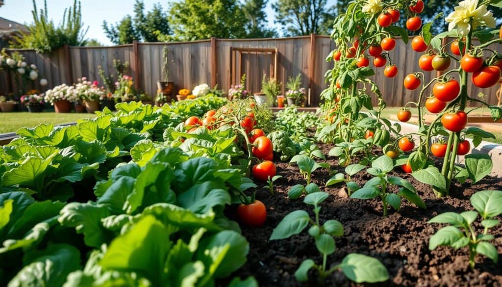 A vibrant raised bed garden overflowing with a variety of fresh, healthy vegetables ideal for beginners. In the foreground, include rows of lush, green leafy vegetables such as lettuce and spinach, interspersed with colorful bell peppers and ripe tomatoes on sturdy vines. The middle ground showcases rich, dark soil with herbs like basil and cilantro sprouting alongside the vegetables. In the background, a sunny, inviting backyard with a wooden fence, blooming flowers, and a clear blue sky enhances the cheerful atmosphere. The scene is bathed in soft, natural sunlight, creating an airy and bright ambiance that highlights the beauty of gardening. Utilize a wide-angle lens for a comprehensive view, emphasizing the abundance and organization of the garden.