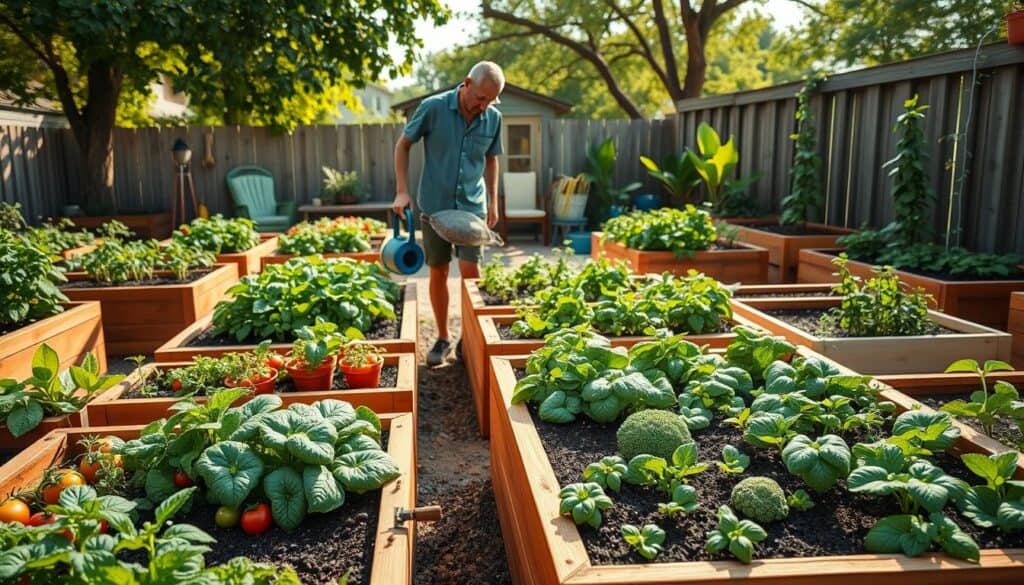 A vibrant raised bed garden scene showcasing high-density gardening principles, with richly detailed wooden raised beds filled with a variety of vegetables and herbs. In the foreground, beautifully arranged crops like tomatoes, lettuce, and basil thrive within neatly spaced sections. The middle ground features a gardener in casual attire attentively watering the plants, surrounded by colorful garden tools and a small seating area made from reclaimed wood. The background reveals a sunny backyard with soft sunlight filtering through leafy trees, enhancing the atmosphere of tranquility and productivity. The image is well-lit, capturing the lush greens and earthy tones, showcasing an inviting and thriving gardening environment perfect for maximizing space. A vibrant raised bed garden scene showcasing high-density gardening principles, with richly detailed wooden raised beds filled with a variety of vegetables and herbs. In the foreground, beautifully arranged crops like tomatoes, lettuce, and basil thrive within neatly spaced sections. The middle ground features a gardener in casual attire attentively watering the plants, surrounded by colorful garden tools and a small seating area made from reclaimed wood. The background reveals a sunny backyard with soft sunlight filtering through leafy trees, enhancing the atmosphere of tranquility and productivity. The image is well-lit, capturing the lush greens and earthy tones, showcasing an inviting and thriving gardening environment perfect for maximizing space.