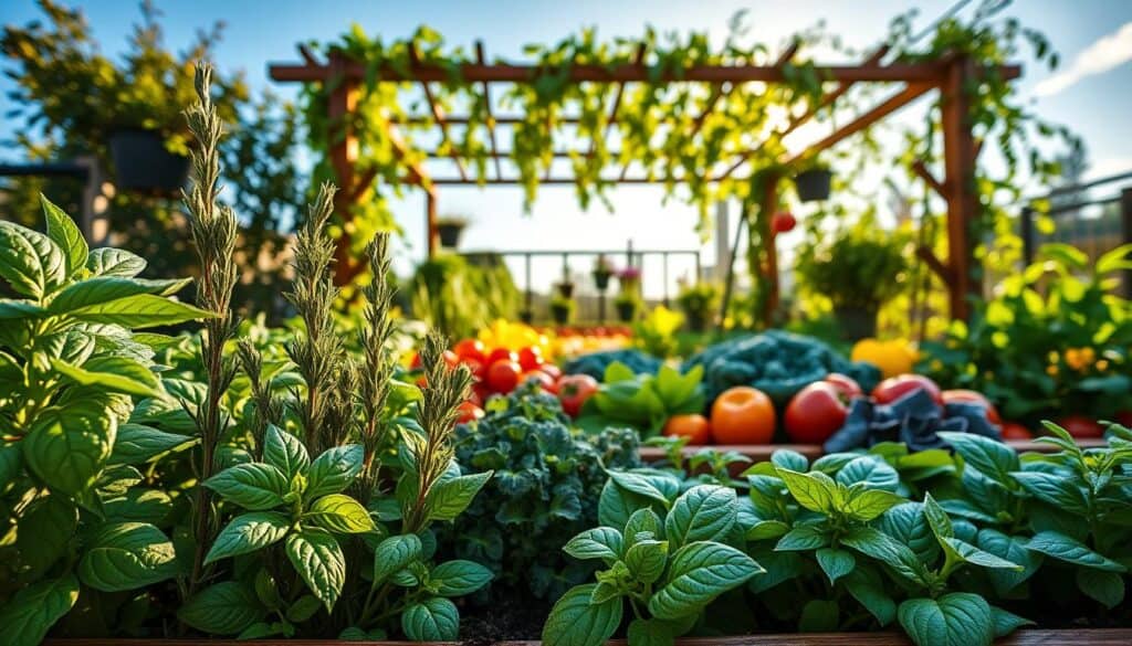 A vibrant raised bed garden scene showcasing the best herbs to grow alongside vegetables. In the foreground, fresh basil, rosemary, and thyme plants are lush and green, their leaves glistening with morning dew. The middle ground features a variety of colorful vegetables such as tomatoes, peppers, and lettuce, arranged harmoniously with the herbs. In the background, a wooden trellis adorned with climbing plants stretches under a clear blue sky, with soft sunlight filtering through, creating a warm, inviting atmosphere. The scene is captured with a wide-angle lens to emphasize the garden's abundance and interconnection. The overall mood conveys a sense of tranquility and productivity in a thriving vegetable and herb garden. A vibrant raised bed garden scene showcasing the best herbs to grow alongside vegetables. In the foreground, fresh basil, rosemary, and thyme plants are lush and green, their leaves glistening with morning dew. The middle ground features a variety of colorful vegetables such as tomatoes, peppers, and lettuce, arranged harmoniously with the herbs. In the background, a wooden trellis adorned with climbing plants stretches under a clear blue sky, with soft sunlight filtering through, creating a warm, inviting atmosphere. The scene is captured with a wide-angle lens to emphasize the garden's abundance and interconnection. The overall mood conveys a sense of tranquility and productivity in a thriving vegetable and herb garden.