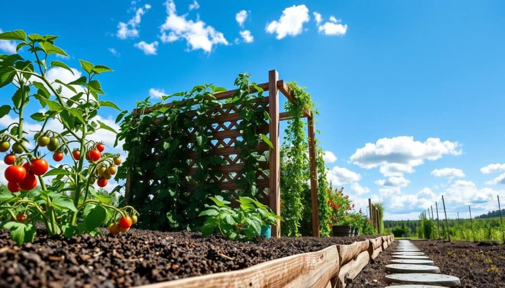 A vibrant raised bed garden, showcasing a wooden trellis installed at the back, brimming with climbing plants like tomatoes and cucumbers. In the foreground, the soil is rich and dark, with various colorful vegetables peeking through the beds. The middle features the trellis constructed from weathered wood, adorned with green vines reaching upward, casting soft shadows. In the background, a sunny blue sky with fluffy white clouds creates a cheerful atmosphere, while the garden path is lined with decorative stones. The scene is illuminated by bright natural light, enhancing the vivid colors and textures of the plants. The overall mood is inviting and inspiring, perfect for a gardening enthusiast. A vibrant raised bed garden, showcasing a wooden trellis installed at the back, brimming with climbing plants like tomatoes and cucumbers. In the foreground, the soil is rich and dark, with various colorful vegetables peeking through the beds. The middle features the trellis constructed from weathered wood, adorned with green vines reaching upward, casting soft shadows. In the background, a sunny blue sky with fluffy white clouds creates a cheerful atmosphere, while the garden path is lined with decorative stones. The scene is illuminated by bright natural light, enhancing the vivid colors and textures of the plants. The overall mood is inviting and inspiring, perfect for a gardening enthusiast.