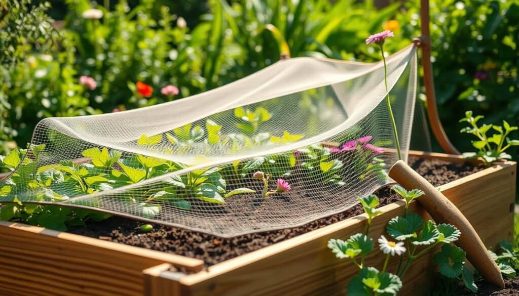 A vibrant raised bed garden surrounded by organic elements, showcasing protective measures against wildlife. In the foreground, a healthy array of green vegetables and blooming flowers in a wooden raised bed, with fine soil visibly aerated. The middle ground features a protective netting enclosure, carefully draped over the bed, with small stakes holding it in place to deter squirrels and rabbits. The background reveals a bright, sunlit garden scene with lush greenery, soft sunlight filtering through, casting gentle shadows. A wooden garden tool is resting nearby, emphasizing the theme of maintenance. Capture this scene at a slightly elevated angle to provide a broad view, conveying a sense of serenity and diligent care in an organic garden setting.