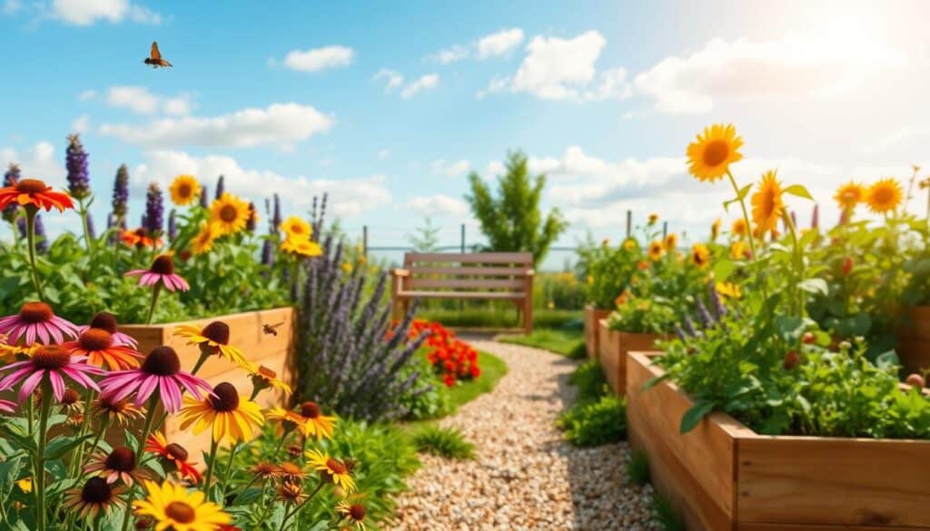A vibrant raised bed garden surrounded by pollinator-friendly landscaping, featuring a variety of colorful flowers like coneflowers, lavender, and sunflowers in full bloom. In the foreground, bees and butterflies are actively visiting the blossoms, creating a lively scene. The raised beds, constructed from natural wood, are filled with flourishing vegetables and herbs like tomatoes, basil, and peppers. The middle ground showcases a gentle, winding path made of gravel, leading to a quaint wooden bench for relaxation. In the background, a clear blue sky with soft white clouds filters warm sunlight over the entire setting, illuminating the lush greenery and enhancing the inviting atmosphere. The composition captures a harmonious blend of functionality and aesthetic appeal, emphasizing the beauty of nature's pollinators in a well-maintained garden.
