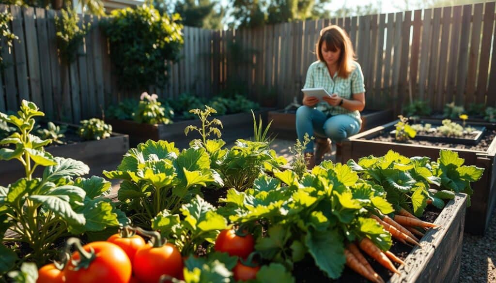 A vibrant raised bed vegetable garden showcasing troubleshooting tips for beginners, set in a backyard during a sunny day. In the foreground, a variety of healthy vegetables like tomatoes, lettuce, and carrots are visible, with some signs of common issues such as wilting leaves or pest damage, represented subtly. The middle ground features a casual gardener in modest clothing, kneeling and examining a plant, with garden tools and a notepad beside them. In the background, a well-maintained fence and other garden beds enhance the scene, drenched in soft, natural sunlight that casts gentle shadows. The atmosphere is peaceful and encouraging, ideal for beginner gardeners seeking inspiration and solutions.