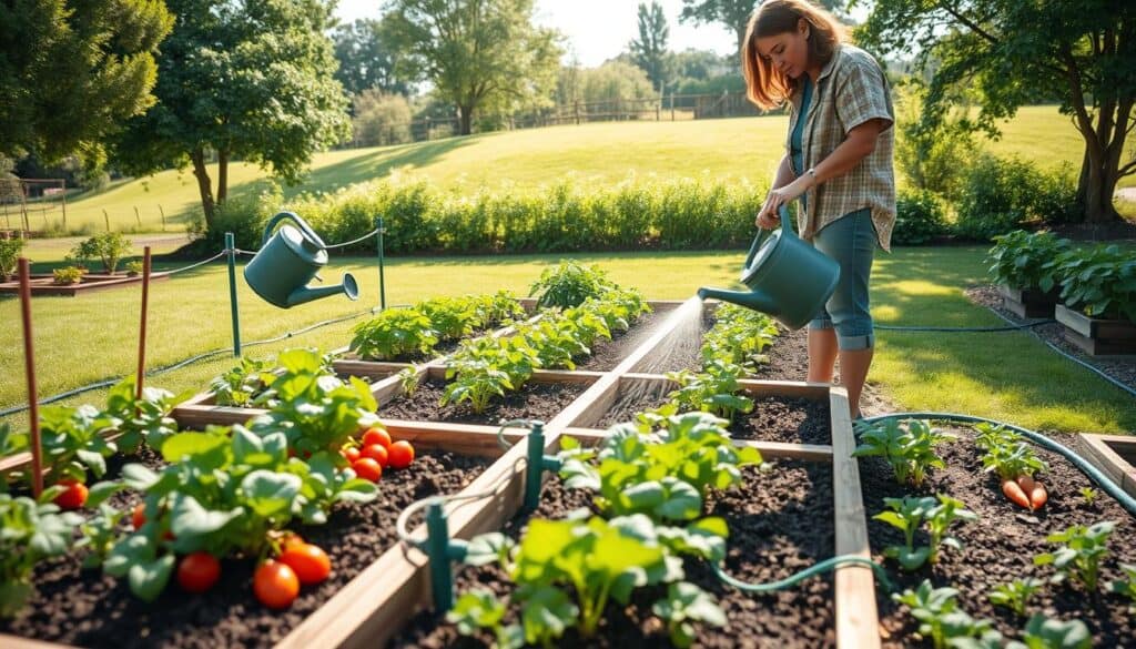 A vibrant raised bed vegetable garden showcasing various plants thriving in a sunny backyard. In the foreground, a gardener in modest casual clothing is watering the beds with a watering can, ensuring the soil is well-moistened. The middle ground features neatly organized rows of healthy vegetables like tomatoes, lettuce, and carrots, alongside drip irrigation hoses demonstrating efficient watering strategies. The background captures a lush green lawn and sunlit trees, creating a peaceful outdoor atmosphere. Soft sunlight filters through the leaves, casting gentle shadows. The scene is shot from a slightly elevated angle to provide a comprehensive view of the garden layout, emphasizing the effectiveness of irrigation techniques in a beginner-friendly environment.