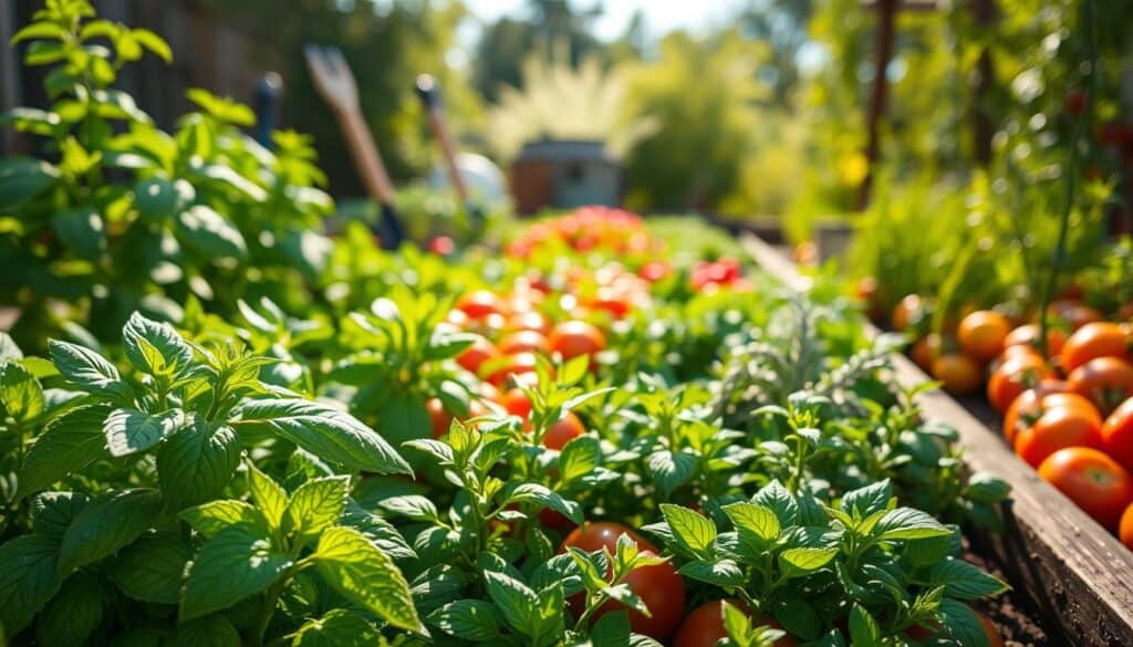 A vibrant raised garden bed brimming with an array of culinary and medicinal herbs like basil, mint, and rosemary, nestled among rows of colorful vegetables such as tomatoes and peppers. The foreground features a close-up view of lush green herb leaves, dew glistening in the soft morning sunlight. The middle ground showcases the diverse plant life, highlighting their role in natural pest management by attracting beneficial insects like ladybugs. In the background, a soft focus on garden tools and a wooden trellis adds a rustic charm. The scene is illuminated by warm, bright natural light, creating an inviting and serene atmosphere that emphasizes sustainability and the beauty of companion planting. Perfectly composed with a shallow depth of field, capturing the intricate details of the herbs and vegetables. A vibrant raised garden bed brimming with an array of culinary and medicinal herbs like basil, mint, and rosemary, nestled among rows of colorful vegetables such as tomatoes and peppers. The foreground features a close-up view of lush green herb leaves, dew glistening in the soft morning sunlight. The middle ground showcases the diverse plant life, highlighting their role in natural pest management by attracting beneficial insects like ladybugs. In the background, a soft focus on garden tools and a wooden trellis adds a rustic charm. The scene is illuminated by warm, bright natural light, creating an inviting and serene atmosphere that emphasizes sustainability and the beauty of companion planting. Perfectly composed with a shallow depth of field, capturing the intricate details of the herbs and vegetables.