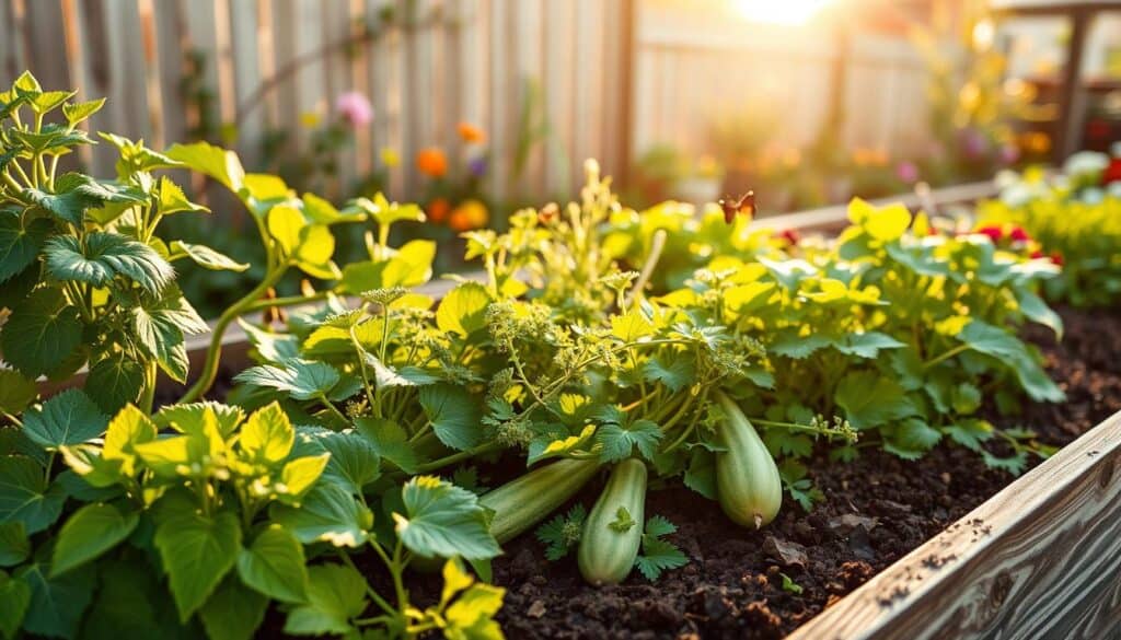 A vibrant raised garden bed featuring lush green cucumbers and squashes intertwined with bright, aromatic herbs like basil, dill, and cilantro, illustrating the concept of companion planting. The foreground showcases the herbs in full bloom, with delicate flowers attracting buzzing pollinators such as bees and butterflies. In the middle, the cucumber vines and squash plants sprawl across the rich, dark soil, their leaves glistening in the soft, golden sunlight of a late afternoon. The background is a serene suburban garden scene, with a wooden fence and hints of colorful flowers creating a peaceful atmosphere. The image should evoke a sense of harmony and flourishing life, with warm, airy lighting enhancing the vibrant colors of the plants. A vibrant raised garden bed featuring lush green cucumbers and squashes intertwined with bright, aromatic herbs like basil, dill, and cilantro, illustrating the concept of companion planting. The foreground showcases the herbs in full bloom, with delicate flowers attracting buzzing pollinators such as bees and butterflies. In the middle, the cucumber vines and squash plants sprawl across the rich, dark soil, their leaves glistening in the soft, golden sunlight of a late afternoon. The background is a serene suburban garden scene, with a wooden fence and hints of colorful flowers creating a peaceful atmosphere. The image should evoke a sense of harmony and flourishing life, with warm, airy lighting enhancing the vibrant colors of the plants.