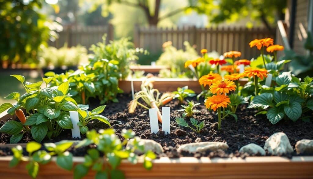 A vibrant raised garden bed filled with a variety of companion plants, showcasing optimal spacing for healthy growth. In the foreground, detail the rich, dark soil and lush green leaves of basil, carrots, and marigolds intermingled harmoniously, with visible plant tags indicating spacing guidelines. The middle ground features the wooden structure of the raised bed, complemented by carefully arranged stones around it. In the background, a soft-focus view of a sunny backyard with gentle tree shadows, enhancing the warm, welcoming atmosphere. The composition captures soft sunlight filtering through leaves, creating a bright and airy feel. The scene is inviting for beginner gardeners, emphasizing the importance of plant spacing and soil health. A vibrant raised garden bed filled with a variety of companion plants, showcasing optimal spacing for healthy growth. In the foreground, detail the rich, dark soil and lush green leaves of basil, carrots, and marigolds intermingled harmoniously, with visible plant tags indicating spacing guidelines. The middle ground features the wooden structure of the raised bed, complemented by carefully arranged stones around it. In the background, a soft-focus view of a sunny backyard with gentle tree shadows, enhancing the warm, welcoming atmosphere. The composition captures soft sunlight filtering through leaves, creating a bright and airy feel. The scene is inviting for beginner gardeners, emphasizing the importance of plant spacing and soil health.