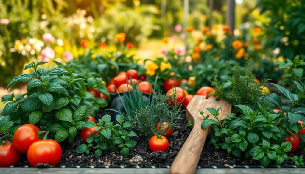 A vibrant raised garden bed filled with various companion herbs flourishing alongside colorful vegetable plants. In the foreground, fresh basil, chives, and thyme intermingle with tomatoes and peppers, showcasing their lush greenery and rich colors. The middle ground features wooden gardening tools and rich, dark soil, indicating healthy, sustainable gardening practices. The background reveals a sunny, tranquil garden scene with a soft-focus of blooming flowers and trees basking in warm, natural light. The atmosphere radiates serenity and harmony, emphasizing sustainable gardening. Captured from a slight low angle to enhance the depth, this image conveys a sense of nourishment and life, inviting viewers to embrace the practice of integrating herbs for soil enrichment in their own gardens. A vibrant raised garden bed filled with various companion herbs flourishing alongside colorful vegetable plants. In the foreground, fresh basil, chives, and thyme intermingle with tomatoes and peppers, showcasing their lush greenery and rich colors. The middle ground features wooden gardening tools and rich, dark soil, indicating healthy, sustainable gardening practices. The background reveals a sunny, tranquil garden scene with a soft-focus of blooming flowers and trees basking in warm, natural light. The atmosphere radiates serenity and harmony, emphasizing sustainable gardening. Captured from a slight low angle to enhance the depth, this image conveys a sense of nourishment and life, inviting viewers to embrace the practice of integrating herbs for soil enrichment in their own gardens.