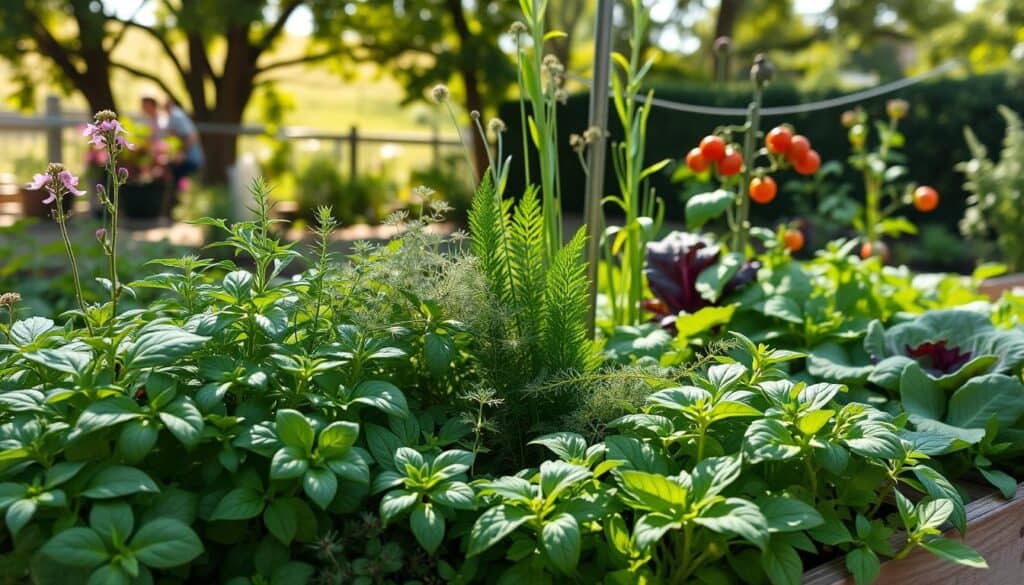 A vibrant raised garden bed flourishing with a variety of herbs alongside vegetables. In the foreground, lush basil and fragrant thyme intermingle with colorful leafy greens like lettuce and kale. In the middle ground, clusters of dill and chives stand tall, while a few tomato plants reach upward, showcasing red and green fruits. The background features a sunny, airy garden with soft sunlight filtering through leafy trees, casting gentle shadows. Emphasize a sense of serenity and abundance, highlighting the rich greens and subtle hints of purples and reds in the plants. The scene is bright and inviting, designed to inspire gardeners, captured from a slightly elevated angle to showcase the depth and texture of the raised bed. A vibrant raised garden bed flourishing with a variety of herbs alongside vegetables. In the foreground, lush basil and fragrant thyme intermingle with colorful leafy greens like lettuce and kale. In the middle ground, clusters of dill and chives stand tall, while a few tomato plants reach upward, showcasing red and green fruits. The background features a sunny, airy garden with soft sunlight filtering through leafy trees, casting gentle shadows. Emphasize a sense of serenity and abundance, highlighting the rich greens and subtle hints of purples and reds in the plants. The scene is bright and inviting, designed to inspire gardeners, captured from a slightly elevated angle to showcase the depth and texture of the raised bed.