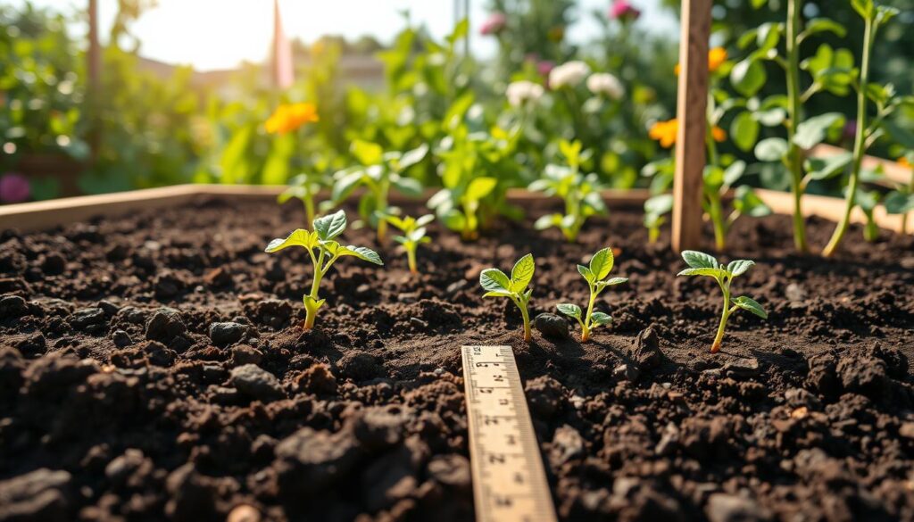 A vibrant raised garden bed showcasing optimal soil depth for growing tomatoes and peppers. In the foreground, rich dark soil reveals the layered depth preferred by these plants, with healthy tomato and pepper seedlings emerging. The middle ground features a variety of green leafy plants demonstrating the right spacing and height, while measuring tools like a ruler are used to illustrate depth accuracy. In the background, a sunny garden setting with lush greenery and blooming flowers creates an inviting atmosphere. Soft, natural sunlight filters through, casting gentle shadows that enhance the textures of the soil and plants. The lens captures a close-up, highlighting the details of the seedlings' texture and the soil's richness, evoking a sense of growth and abundance.