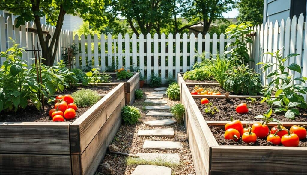 A vibrant raised vegetable garden bed set in a small backyard, showcasing an array of colorful vegetables like tomatoes, bell peppers, and herbs. The foreground features well-structured beds made of weathered wooden planks, filled with rich soil and flourishing plants. In the middle ground, add a pathway made of natural stones, bordered by ornamental plants for added aesthetics. In the background, a white picket fence partially shaded by soft sunlight filters through leafy trees, creating a serene and inviting atmosphere. The overall lighting is bright and airy, highlighting the freshness of the garden. Capture the scene from a slightly elevated angle to provide a comprehensive view, evoking a sense of harmony between beauty and functionality in small-space gardening. A vibrant raised vegetable garden bed set in a small backyard, showcasing an array of colorful vegetables like tomatoes, bell peppers, and herbs. The foreground features well-structured beds made of weathered wooden planks, filled with rich soil and flourishing plants. In the middle ground, add a pathway made of natural stones, bordered by ornamental plants for added aesthetics. In the background, a white picket fence partially shaded by soft sunlight filters through leafy trees, creating a serene and inviting atmosphere. The overall lighting is bright and airy, highlighting the freshness of the garden. Capture the scene from a slightly elevated angle to provide a comprehensive view, evoking a sense of harmony between beauty and functionality in small-space gardening.