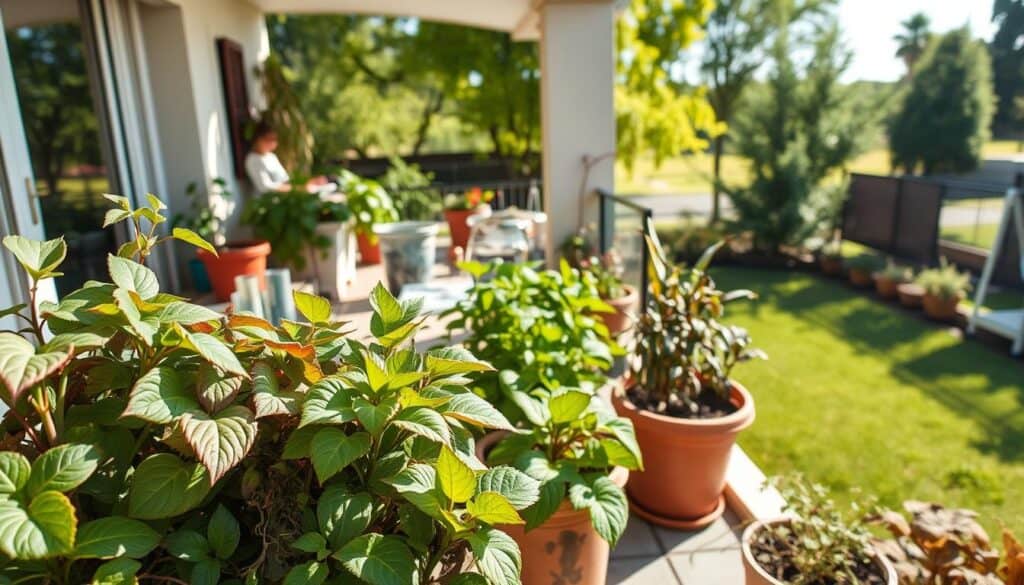 A vibrant, realistic container garden scene highlighting common pitfalls for beginners, focusing on poor placement and lack of airflow. In the foreground, a variety of potted plants, some wilting or crowded together, with leaves touching and showing signs of stress. In the middle ground, a cluttered balcony or porch with containers placed under a shaded area, limiting sunlight, and surrounded by walls or barriers that restrict airflow. The background features a sunny garden setting with green grass and trees swaying gently in the breeze. The scene is bathed in bright, soft natural light, capturing a serene yet cautionary atmosphere. Use a wide-angle lens to encompass the entire balcony setting, encouraging viewers to recognize the impact of poor positioning on plant health.