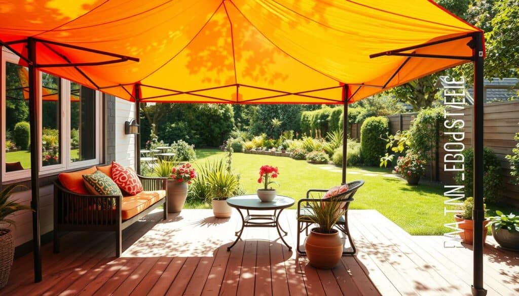 A vibrant, realistic pop-up canopy elegantly set up on a cozy patio, illustrating a temporary shade solution for a backyard. In the foreground, the canopy is brightly colored, showcasing its sturdy frame and breathable fabric, casting dappled shadows on the wooden patio floor. The middle ground features casual outdoor furniture like a small table with colorful cushions and potted plants, creating a welcoming atmosphere. In the background, a lush, well-maintained garden is visible, blending with bright natural light that floods the scene. The overall mood is serene and inviting, captured in soft sunlight that enhances the vibrant colors. The angle is slightly elevated, offering a clear view of the patio arrangement without any human subjects.