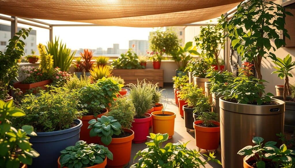A vibrant, realistic portrayal of climate adaptable container gardens designed for various climates. In the foreground, showcase a diverse array of plants in colorful pots, including herbs, flowers, and vegetables, demonstrating smart watering systems and shade coverings. The middle ground features innovative containers with built-in humidity gauges and temperature sensors, surrounded by lush greenery. In the background, depict a sunny, airy rooftop garden with gentle sunlight streaming down, highlighting textures of natural wood and metal materials used for the planters. Capture a serene atmosphere, incorporating gentle shadows and soft sunlight that illuminates the plants. Aim for a wide-angle perspective to establish a sense of spaciousness and harmony within a modern gardening space. A vibrant, realistic portrayal of climate adaptable container gardens designed for various climates. In the foreground, showcase a diverse array of plants in colorful pots, including herbs, flowers, and vegetables, demonstrating smart watering systems and shade coverings. The middle ground features innovative containers with built-in humidity gauges and temperature sensors, surrounded by lush greenery. In the background, depict a sunny, airy rooftop garden with gentle sunlight streaming down, highlighting textures of natural wood and metal materials used for the planters. Capture a serene atmosphere, incorporating gentle shadows and soft sunlight that illuminates the plants. Aim for a wide-angle perspective to establish a sense of spaciousness and harmony within a modern gardening space.