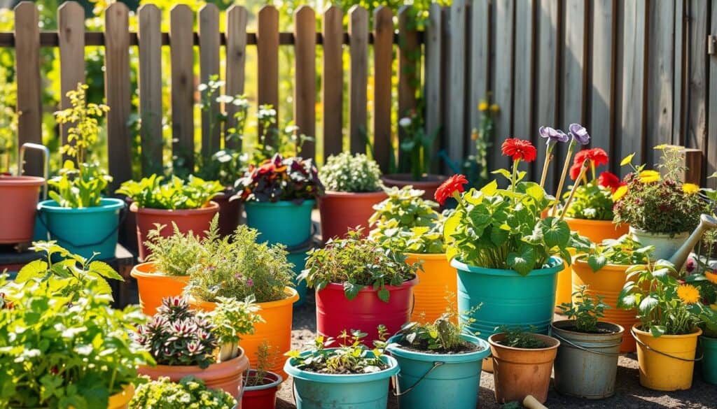 A vibrant scene featuring a variety of DIY bucket gardens arranged neatly in a sunny backyard. In the foreground, several brightly colored buckets are overflowing with flourishing herbs, vegetables, and flowers, showcasing a mix of lush greens, deep reds, and cheerful yellows. The middle ground includes a neatly organized potting area with gardening tools, soil, and watering cans, emphasizing the DIY aspect. In the background, a wooden fence partially obscures a soft-focus view of a garden, filtered sunlight streaming through vibrant leaves, casting gentle shadows on the ground. The overall mood is cheerful and inviting, capturing the joy of gardening while also hinting at beginner mistakes, such as overcrowding and improper drainage. Use bright, natural light to enhance the scene's freshness and warmth, shot from a slightly elevated angle for depth.