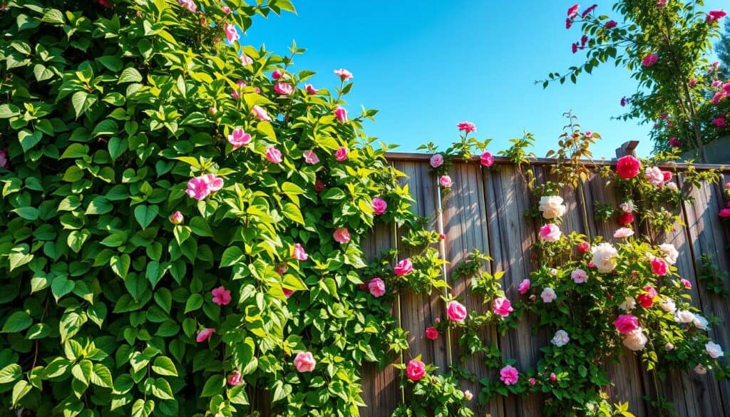 A vibrant scene of wall climbing plants flourishing on a rustic wooden fence, showcasing different varieties like ivy, climbing roses, and jasmine. In the foreground, lush green leaves intertwine with delicate, colorful flowers that add a pop of color. The middle ground features the weathered wooden fence partially covered by the plants, with sunbeams filtering through, casting soft shadows. In the background, a clear blue sky enhances the atmosphere of a sunny day, creating a bright and airy feeling. The composition emphasizes the natural beauty and tranquility of the garden, evoking a sense of peace and connection to nature. Ideal lighting is soft and warm, simulating late afternoon sunlight for an inviting ambiance.