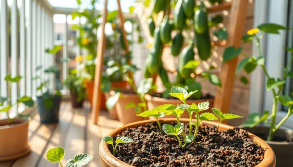 A vibrant scene showcasing the best soil for container cucumbers in a small patio setting. In the foreground, a rich, dark, loamy soil filled with organic compost is shown in a medium-sized terracotta pot, with cucumber seedlings peeking through. Lush green leaves contrast against the brown soil. The middle ground features several vertically growing cucumber vines supported by a wooden trellis, adorned with small yellow flowers and developing cucumbers. In the background, a sunny balcony with light-colored wooden flooring reflects soft, warm sunlight. The atmosphere feels fresh and inviting, emphasizing the joy of small-space gardening. Use a shallow depth of field to highlight the soil and plants, with natural lighting enhancing the vivid colors and textures. A vibrant scene showcasing the best soil for container cucumbers in a small patio setting. In the foreground, a rich, dark, loamy soil filled with organic compost is shown in a medium-sized terracotta pot, with cucumber seedlings peeking through. Lush green leaves contrast against the brown soil. The middle ground features several vertically growing cucumber vines supported by a wooden trellis, adorned with small yellow flowers and developing cucumbers. In the background, a sunny balcony with light-colored wooden flooring reflects soft, warm sunlight. The atmosphere feels fresh and inviting, emphasizing the joy of small-space gardening. Use a shallow depth of field to highlight the soil and plants, with natural lighting enhancing the vivid colors and textures.