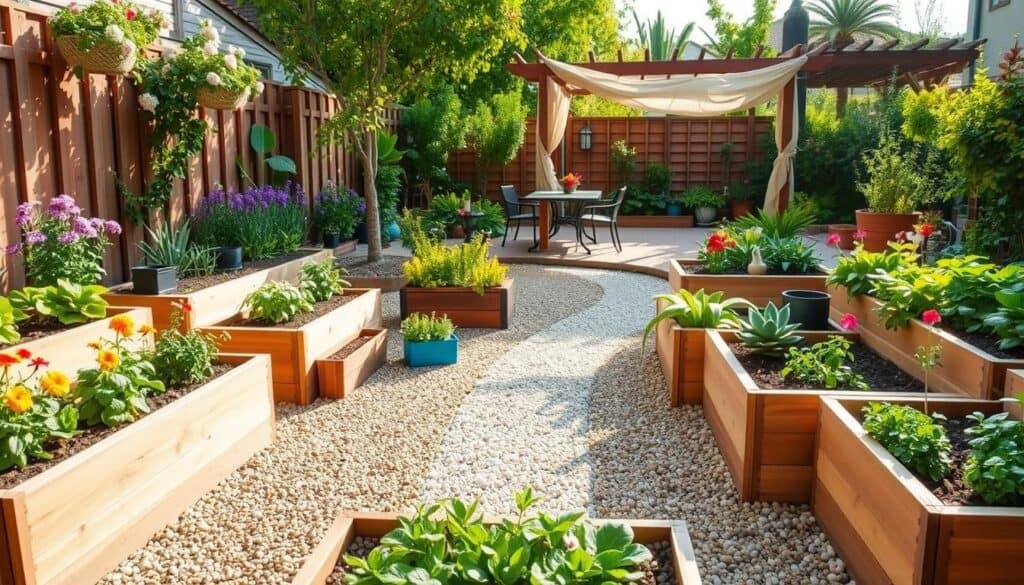 A vibrant small backyard showcasing innovative raised bed garden designs suitable for spaces under 500 square feet. In the foreground, several tiered raised beds made of natural wood, filled with blooming flowers, lush greens, and colorful vegetables, neatly organized to maximize space. The middle ground features decorative gravel pathways winding between the beds, bordered by painted wooden planters and clay pots. In the background, a cozy seating area with a small table and chairs under a pergola draped in shade cloth, surrounded by lush, well-maintained landscaping. The scene is bathed in soft, warm sunlight, creating an inviting, peaceful atmosphere perfect for gardening enthusiasts. Capture the image from a slightly elevated, wide-angle perspective, emphasizing the harmony between the garden and the surroundings. A vibrant small backyard showcasing innovative raised bed garden designs suitable for spaces under 500 square feet. In the foreground, several tiered raised beds made of natural wood, filled with blooming flowers, lush greens, and colorful vegetables, neatly organized to maximize space. The middle ground features decorative gravel pathways winding between the beds, bordered by painted wooden planters and clay pots. In the background, a cozy seating area with a small table and chairs under a pergola draped in shade cloth, surrounded by lush, well-maintained landscaping. The scene is bathed in soft, warm sunlight, creating an inviting, peaceful atmosphere perfect for gardening enthusiasts. Capture the image from a slightly elevated, wide-angle perspective, emphasizing the harmony between the garden and the surroundings.