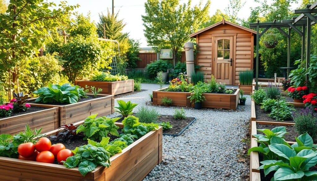 A vibrant small vegetable garden setup showcasing creative layouts featuring raised beds filled with a variety of vegetables like tomatoes, lettuce, and herbs. In the foreground, a neatly arranged raised bed made of wooden planks, surrounded by colorful flower borders. The middle ground includes a winding pathway made of gravel leading to different garden sections, with trellises supporting climbing plants. In the background, a quaint wooden shed surrounded by lush greenery and bright blue sky peeking through soft, natural sunlight. The scene is airy and well-lit, conveying a warm, inviting atmosphere ideal for urban gardening enthusiasts. The image should be highly detailed, capturing the textures of the soil, foliage, and wooden beds, emphasizing the clever use of space and organization in a small garden.