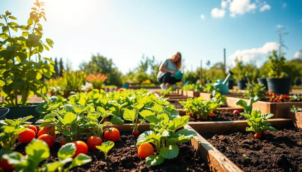 A vibrant springtime scene showcasing a raised bed garden brimming with fresh vegetables and herbs ready for planting. In the foreground, colorful seedlings of tomatoes, lettuce, and radishes are neatly arranged in raised wooden beds. Soft sunlight filters through lush green leaves, illuminating the garden in a warm, inviting glow. In the middle ground, a gardener in modest casual clothing kneels to plant seedlings, surrounded by soil, gardening tools, and watering cans, conveying a sense of care and attention. The background features a clear blue sky and a few fluffy clouds, adding to the serene atmosphere. The overall mood is lively and hopeful, reflecting the excitement of spring gardening under bright natural light.