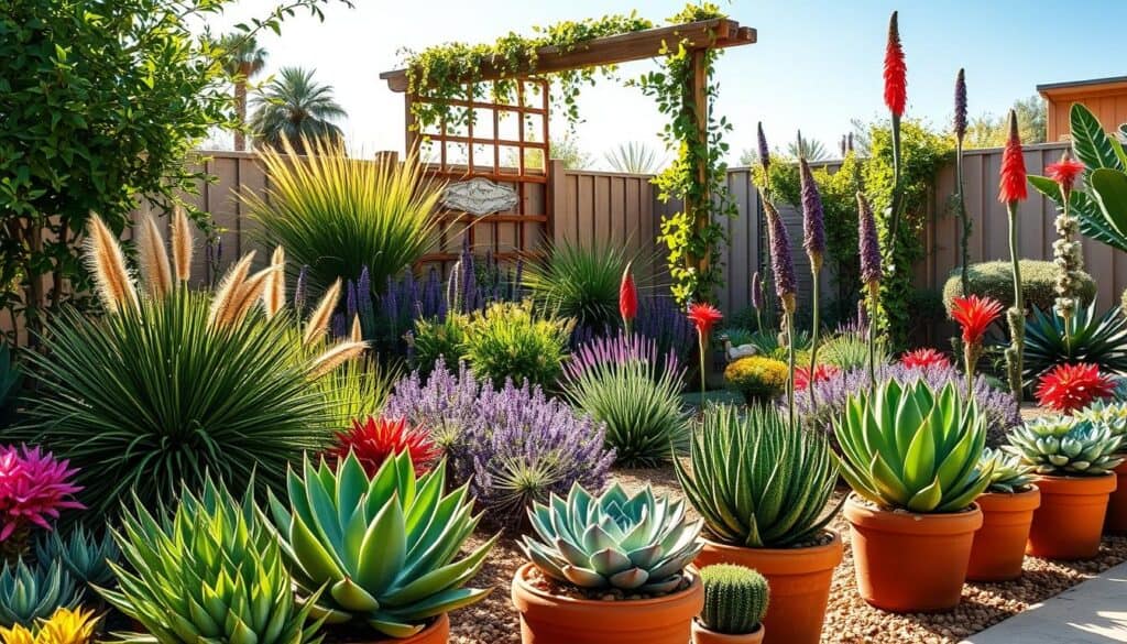 A vibrant, sunlit backyard garden featuring an array of drought-resistant plants that look stunning and require minimal water. In the foreground, showcase colorful succulents like jade plant and agave, artfully arranged in attractive terracotta pots. The middle ground includes lush ornamental grasses and flowering perennials, such as lavender and red hot poker, all basking in warm, soft sunlight. In the background, a wooden trellis covered with climbing vines provides an inviting frame, set against a clear blue sky. The overall atmosphere is serene and rejuvenating, with a focus on the beauty of nature. Capture the scene with a slightly elevated angle to emphasize the layering of plants and enhance the lushness of the garden setting.