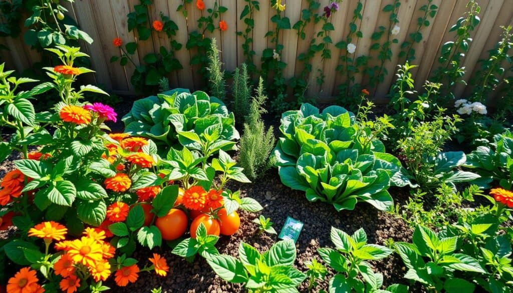 A vibrant, sunlit raised bed garden showcasing a variety of companion plants designed for pest control. In the foreground, colorful marigolds and aromatic basil surround healthy tomato plants, creating a protective barrier. The middle ground features lush green leafy vegetables like kale and Swiss chard, interspersed with deterring herbs such as rosemary and mint. The background showcases a wooden fence with climbing plants, embellished with flowers. Bright, natural sunlight filters through the leaves, casting gentle shadows on the rich soil, creating an inviting and peaceful atmosphere. The scene is shot with a slight overhead angle, capturing the intricate details of the plants while emphasizing the harmony of nature.