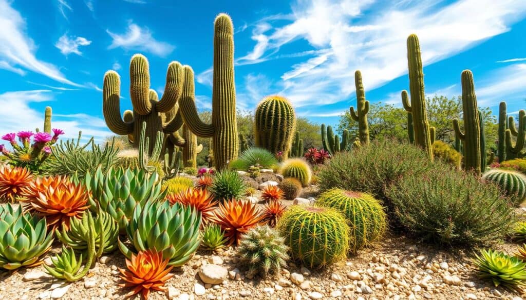 A vibrant sunny garden filled with diverse drought-tolerant succulents and cacti. In the foreground, a variety of colorful succulents like Echeveria and Sedum, showcasing their unique shapes and textures. The middle ground features larger cacti such as a tall Saguaro and a round Barrel cactus, surrounded by smooth pebbles and sandy soil, adding an organic touch. The background displays a clear blue sky dotted with wispy white clouds, enhancing the bright and cheerful atmosphere. The scene is bathed in soft, natural sunlight, casting gentle shadows that highlight the intricate details of the plants. The composition captures a peaceful, inviting mood, perfect for a sunlit garden oasis. A vibrant sunny garden filled with diverse drought-tolerant succulents and cacti. In the foreground, a variety of colorful succulents like Echeveria and Sedum, showcasing their unique shapes and textures. The middle ground features larger cacti such as a tall Saguaro and a round Barrel cactus, surrounded by smooth pebbles and sandy soil, adding an organic touch. The background displays a clear blue sky dotted with wispy white clouds, enhancing the bright and cheerful atmosphere. The scene is bathed in soft, natural sunlight, casting gentle shadows that highlight the intricate details of the plants. The composition captures a peaceful, inviting mood, perfect for a sunlit garden oasis.