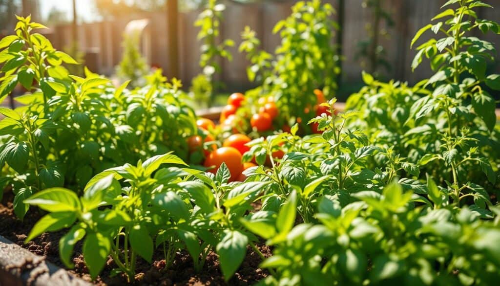 A vibrant, sunny raised garden bed filled with lush green tomato and pepper plants, surrounded by a variety of herbs such as basil, oregano, and cilantro, thriving in rich soil. In the foreground, a close-up of the herbs showcases their delicate leaves and fragrant stems, highlighting their culinary potential. The middle ground features the colorful tomatoes and peppers, radiating warmth and abundance. In the background, soft sunlight filters through a nearby trellis, casting gentle shadows and creating an inviting, airy atmosphere. The scene captures the essence of a productive garden, evoking a sense of freshness and home-grown goodness, with a focus on natural light enhancing the colors and textures of the plants. A vibrant, sunny raised garden bed filled with lush green tomato and pepper plants, surrounded by a variety of herbs such as basil, oregano, and cilantro, thriving in rich soil. In the foreground, a close-up of the herbs showcases their delicate leaves and fragrant stems, highlighting their culinary potential. The middle ground features the colorful tomatoes and peppers, radiating warmth and abundance. In the background, soft sunlight filters through a nearby trellis, casting gentle shadows and creating an inviting, airy atmosphere. The scene captures the essence of a productive garden, evoking a sense of freshness and home-grown goodness, with a focus on natural light enhancing the colors and textures of the plants.