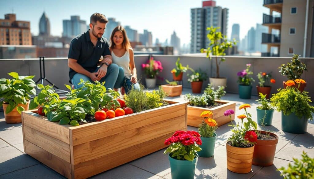 A vibrant urban gardening scene on a concrete patio, featuring a variety of raised bed planters filled with colorful herbs, vegetables, and flowering plants. In the foreground, a modern wooden raised bed, slightly elevated, showcases lush green basil, vibrant tomatoes, and cheerful marigolds, all basking in bright natural light. A couple dressed in modest casual clothing kneels beside the garden, tending to the plants with care. The middle ground displays additional smaller pots with greenery placed strategically around the patio, while the background features a city skyline, hinting at an urban setting. Soft sunlight filters through nearby buildings, creating an inviting and peaceful atmosphere perfect for small space gardening. The composition captures a balance of nature and urban life, emphasizing creative gardening solutions in limited spaces. A vibrant urban gardening scene on a concrete patio, featuring a variety of raised bed planters filled with colorful herbs, vegetables, and flowering plants. In the foreground, a modern wooden raised bed, slightly elevated, showcases lush green basil, vibrant tomatoes, and cheerful marigolds, all basking in bright natural light. A couple dressed in modest casual clothing kneels beside the garden, tending to the plants with care. The middle ground displays additional smaller pots with greenery placed strategically around the patio, while the background features a city skyline, hinting at an urban setting. Soft sunlight filters through nearby buildings, creating an inviting and peaceful atmosphere perfect for small space gardening. The composition captures a balance of nature and urban life, emphasizing creative gardening solutions in limited spaces.