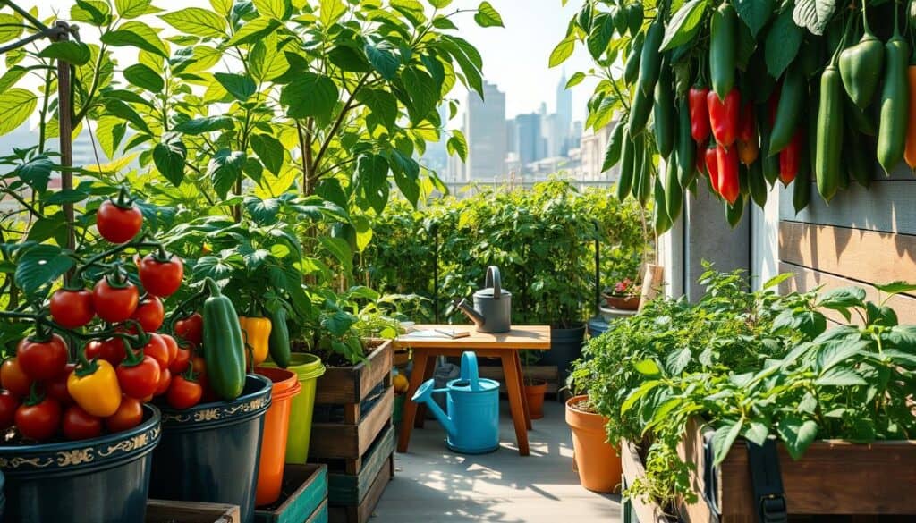 A vibrant urban vegetable garden bursting with life, showcasing various containers filled with lush tomato plants, vibrant bell peppers, and climbing cucumbers. In the foreground, colorful ceramic pots and wooden crates arranged neatly on a small balcony or patio, highlighted by soft sunlight filtering through leafy greenery. In the middle ground, a small wooden table holds gardening tools, with a watering can and a notebook for notes. The background features a city skyline peeking through lush foliage, emphasizing the contrast between urban life and home gardening. The atmosphere feels serene and productive, evoking a sense of accomplishment in maximizing small space gardening. The scene is bright and airy, capturing the essence of a thriving vegetable garden in a limited urban environment. A vibrant urban vegetable garden bursting with life, showcasing various containers filled with lush tomato plants, vibrant bell peppers, and climbing cucumbers. In the foreground, colorful ceramic pots and wooden crates arranged neatly on a small balcony or patio, highlighted by soft sunlight filtering through leafy greenery. In the middle ground, a small wooden table holds gardening tools, with a watering can and a notebook for notes. The background features a city skyline peeking through lush foliage, emphasizing the contrast between urban life and home gardening. The atmosphere feels serene and productive, evoking a sense of accomplishment in maximizing small space gardening. The scene is bright and airy, capturing the essence of a thriving vegetable garden in a limited urban environment.