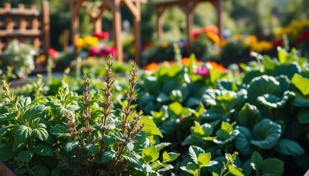 A vibrant vegetable garden in a raised bed, showcasing best aromatic herbs alongside leafy greens and brassicas. In the foreground, highlight lush basil, fragrant rosemary, and vibrant thyme, their leaves glistening with morning dew. The middle ground features a variety of leafy greens like kale and spinach, intertwining with the herbs. In the background, a soft-focus view of rustic wooden garden trellises and colorful flower beds under bright natural light. The scene is bathed in warm, soft sunlight, creating a wholesome and inviting atmosphere. Capture this from a slightly elevated angle, showcasing depth and texture, with an emphasis on the lush greenery and rich, earthy colors that evoke a sense of tranquility and productivity in a home garden setting. A vibrant vegetable garden in a raised bed, showcasing best aromatic herbs alongside leafy greens and brassicas. In the foreground, highlight lush basil, fragrant rosemary, and vibrant thyme, their leaves glistening with morning dew. The middle ground features a variety of leafy greens like kale and spinach, intertwining with the herbs. In the background, a soft-focus view of rustic wooden garden trellises and colorful flower beds under bright natural light. The scene is bathed in warm, soft sunlight, creating a wholesome and inviting atmosphere. Capture this from a slightly elevated angle, showcasing depth and texture, with an emphasis on the lush greenery and rich, earthy colors that evoke a sense of tranquility and productivity in a home garden setting.