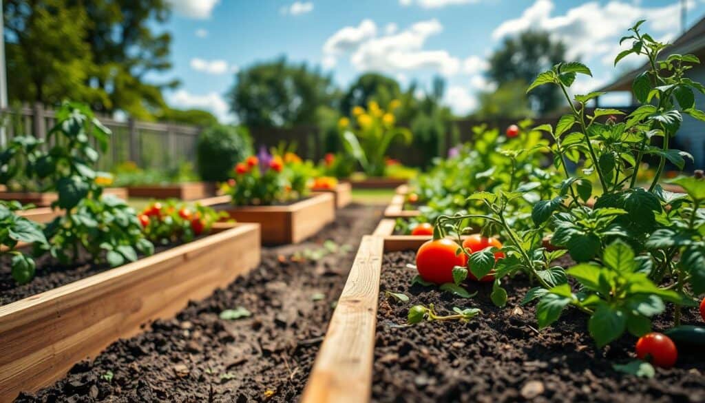 A vibrant vegetable garden with neatly arranged raised planter beds made from cedar boards, filled with a variety of colorful vegetables including tomatoes, lettuce, and peppers. In the foreground, detail the rich, dark soil showing signs of moisture. The middle ground features well-maintained garden beds with plants at different growth stages, showcasing a thoughtful plant layout for optimal growth. In the background, a soft-focus of a serene backyard, with a clear blue sky and gentle sunlight filtering through light clouds, enhancing the fresh and inviting atmosphere. The image captures the essence of gardening, emphasizing a harmonious and productive outdoor space in bright, natural light.