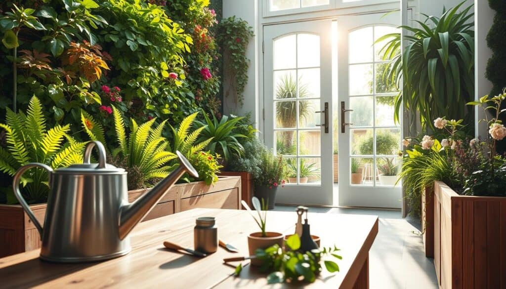A vibrant vertical garden filled with lush greenery, featuring a sophisticated advanced irrigation system integrated with drip hoses and moisture sensors, surrounded by elegant wooden planters. In the foreground, showcase a close-up of a watering can and small gardening tools artfully arranged on a rustic wooden table. The middle ground features the vertical garden, highlighting an array of colorful plants including ferns, flowers, and herbs, all thriving under bright natural light. In the background, a sleek patio door opens to a sunny outdoor space filled with soft sunlight, creating an airy and inviting atmosphere. Use a wide-angle lens to capture the depth and detail of the garden setup, emphasizing the harmonious balance between nature and modern gardening techniques.