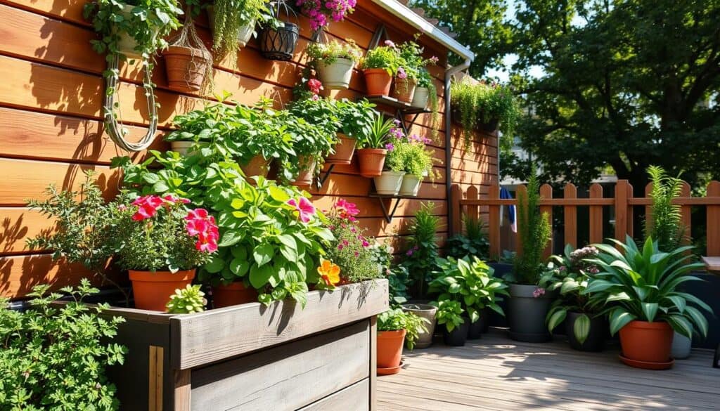 A vibrant vertical garden flourishing on a small patio, showcasing an assortment of colorful herbs, flowers, and lush greenery arranged in a tiered structure against a wooden wall. In the foreground, a rustic wooden planter box holds a variety of potted plants, adding depth and texture. The middle ground features decorative hanging pots and wall-mounted planters, overflowing with vibrant foliage, creating a sense of abundance. In the background, soft sunlight filters through nearby trees, casting gentle shadows and enhancing the natural colors. The atmosphere is serene and inviting, conveying a sense of tranquility and urban escape, perfect for an intimate outdoor retreat. Capture the scene from a slightly elevated angle to emphasize the vertical gardening concept in a cozy urban space.