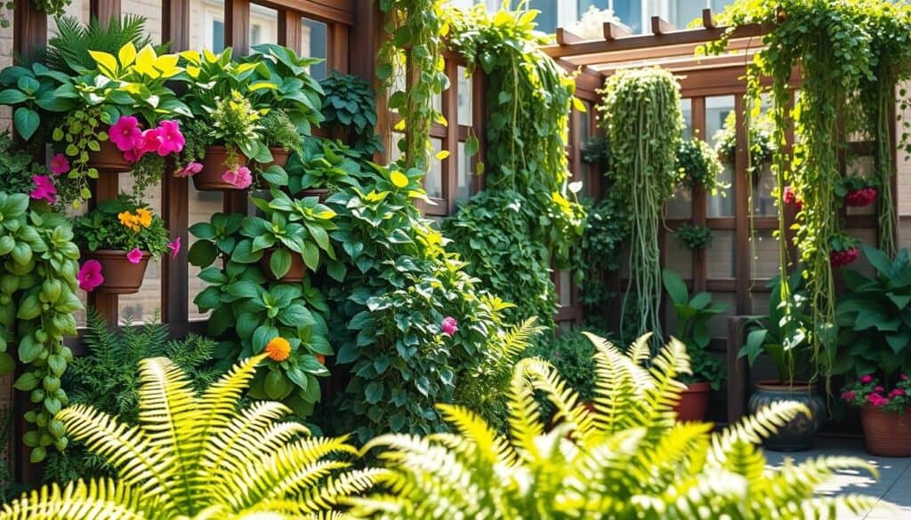A vibrant vertical garden showcasing a variety of lush plants ideal for a small patio. In the foreground, there are cascading ferns and colorful flowering plants in decorative vertical planters, arranged harmoniously. The middle ground features a mix of herbs like basil and mint, alongside trailing vines such as pothos and string of hearts, creating a dynamic texture. The background includes a wooden trellis adorned with climbing plants, bathed in soft sunlight, enhancing the greenery’s vivid colors. The scene is bright and airy, evoking a tranquil and inviting atmosphere. The perspective is slightly elevated, capturing the depth and layering of the garden design. The overall mood is fresh and inspiring, perfect for encouraging urban gardening.