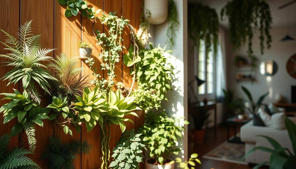 A vibrant vertical garden thriving in a small space, showcasing various plants like ferns, succulents, and flowering vines, arranged against a well-finished wooden wall. In the foreground, there are sunlight patterns casting gentle shadows on the foliage, indicating optimal light exposure. The middle ground features a bright and airy atmosphere, with soft sunlight filtering through nearby windows, illuminating the plants. The background showcases a cozy, stylishly decorated small living area, enhancing the sense of home. The overall mood is inviting and serene, emphasizing the beauty of nature in limited spaces. Capture this image with a soft-focus lens and a slightly elevated angle to convey depth and clarity.