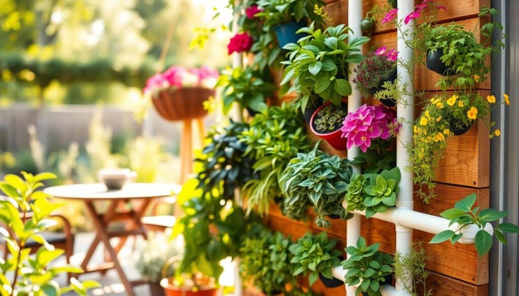 A vibrant vertical gardening guide featuring various plant selections ideal for a vertical garden wall built with PVC pipes and wood planks. In the foreground, showcase an assortment of lush, colorful plants like herbs, succulents, and flowering plants arranged in a creative, tiered vertical design. The middle ground displays the PVC pipes and wood planks, emphasizing the DIY nature of the project. For the background, include a softly blurred view of a sunlit garden or patio, enhancing the natural atmosphere. The scene is illuminated by warm, soft sunlight filtering through greenery, creating an inviting, airy feel. Use a wide-angle lens to capture the overall layout and details of the plants, showcasing the beauty of vertical gardening in a home setting.