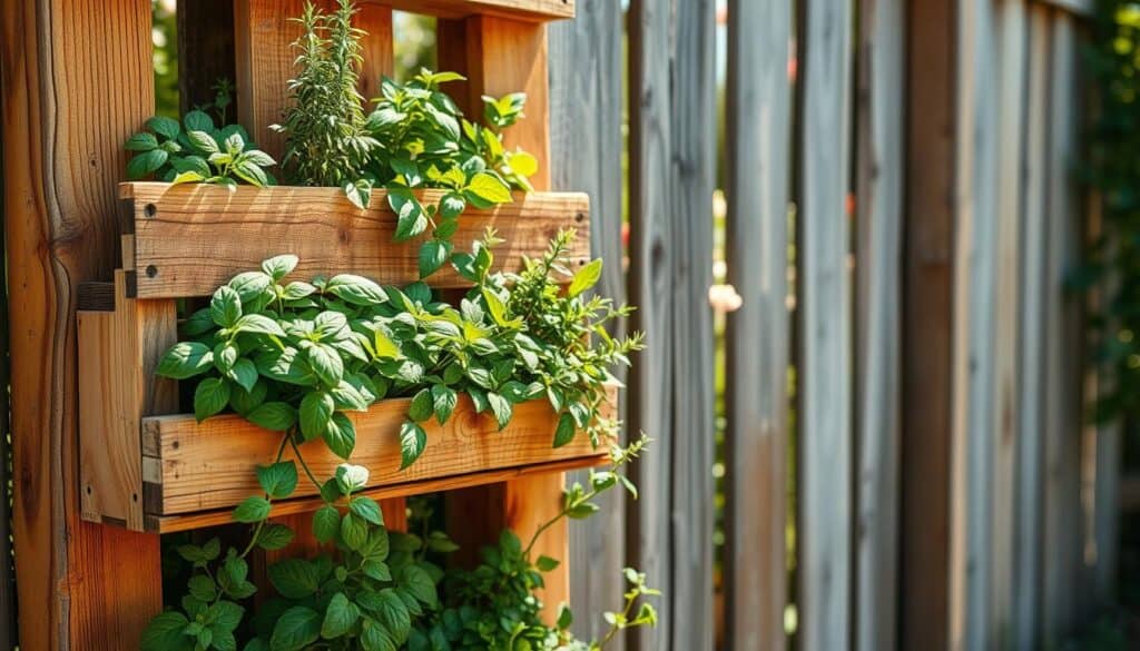 A vibrant vertical herb garden showcasing a wooden pallet creatively attached to a rustic fence. In the foreground, a close-up of the pallet filled with various herbs like basil, rosemary, and mint, their lush green leaves glistening in the soft sunlight. The middle section features the wooden pallet securely fastened to the weathered wooden fence, highlighting the blending of natural wood tones. In the background, a bright, sunny garden scene with blooming flowers and greenery adds a lively atmosphere. The overall mood is cheerful and inviting, with a focus on sustainable gardening in a home setting. Warm, natural lighting enhances the textures of the wood and plants, creating an appealing, serene aesthetic. A vibrant vertical herb garden showcasing a wooden pallet creatively attached to a rustic fence. In the foreground, a close-up of the pallet filled with various herbs like basil, rosemary, and mint, their lush green leaves glistening in the soft sunlight. The middle section features the wooden pallet securely fastened to the weathered wooden fence, highlighting the blending of natural wood tones. In the background, a bright, sunny garden scene with blooming flowers and greenery adds a lively atmosphere. The overall mood is cheerful and inviting, with a focus on sustainable gardening in a home setting. Warm, natural lighting enhances the textures of the wood and plants, creating an appealing, serene aesthetic.